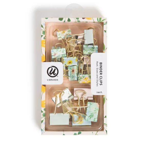 24ct Binder Clips Vintage Sunflower: Steel Office Supplies, Small Multicolor Clips, Fasteners, 3.42" Width