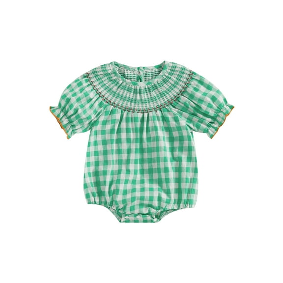 Baby Toddler Girl Summer Romper 0 3 6 12 18 24 Months 2T 3T Classic Short Sleeve Plaid Print Smocked Bodysuit Newborn Playsuit