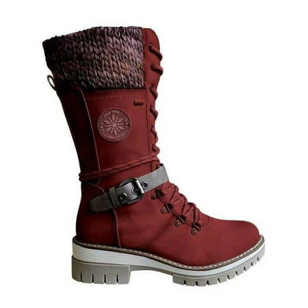 

UKAP Womens Non-slip Mid-Calf Boots Work Comfort Winter Shoes Walking Round Toe Riding Boot Red 4.5
