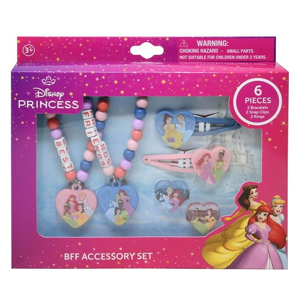 Princess Accessory Set Includes: 2 beaded bracelets w/charm, 2 snap clips, 2 rings