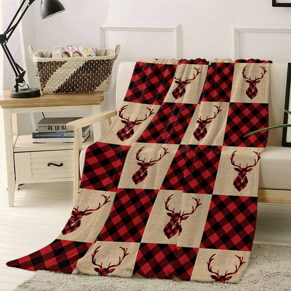 Winter Christmas Throw Flannel Blanket 50x80In Elk Red and Black Plaid Vintage Super Soft Cozy Bed Blanket, Lightweight Plush Fuzzy Bed Throw for Bedroom Sofa Couch Living Room