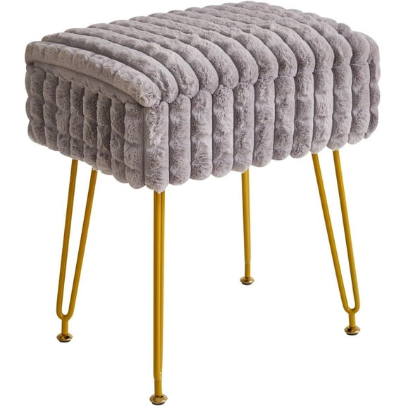 Rectangle Vanity Chair with Storage, Footrest Ottoman, Anti-Slip Feet, Grey Square Grid, Makeup Room Bedroom Furniture