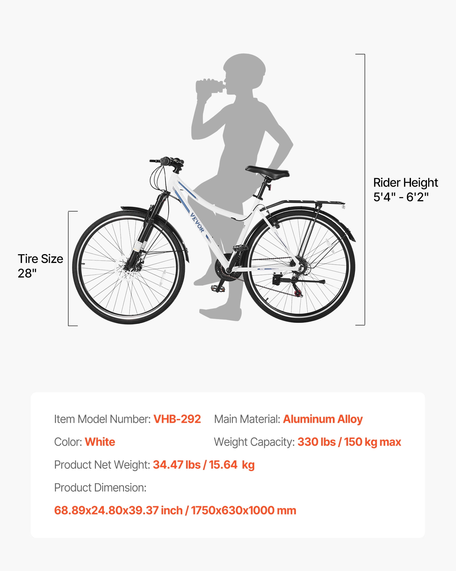 VEVOR Hybrid Bike, Lightweight Aluminum Frame Bike, 700c Wheel Men and Women Hybrid Bicycle, Step-Through Adult Urban City Commuter Bikes, 21-Speed Shimano Drivetrain, Dual Brakes, Front Suspension