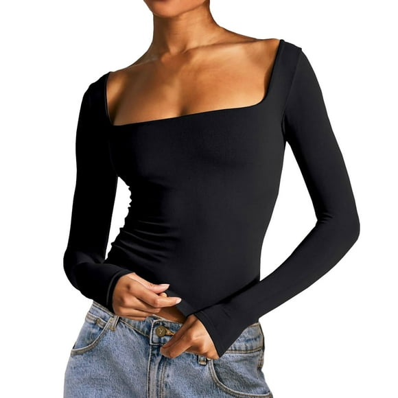Aocisk Womens Long Sleeve Crop Top Square Neck Double Lined Basic Slim Fit T Shirt Blouse Bodycon T-Shirts Black XL