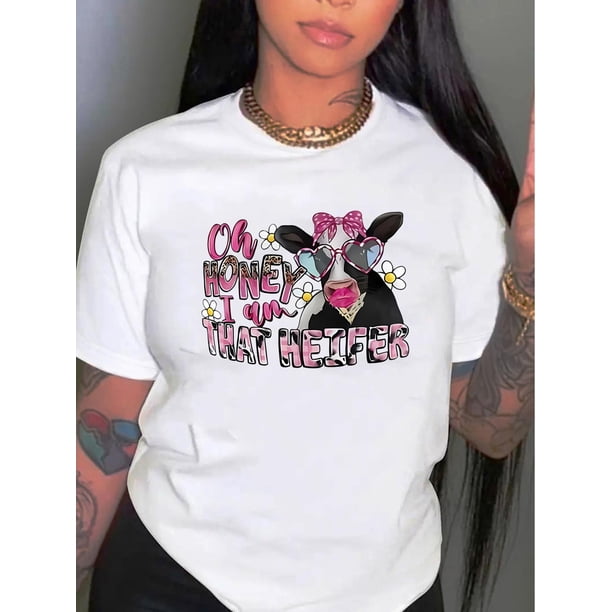 Camiseta informal con estampado de vaca para mujer, cuello redondo, mezcla de algodón y elastano, elasticidad media, manga corta, ideal para todas las estaciones, ideal para deportes de ocio.
