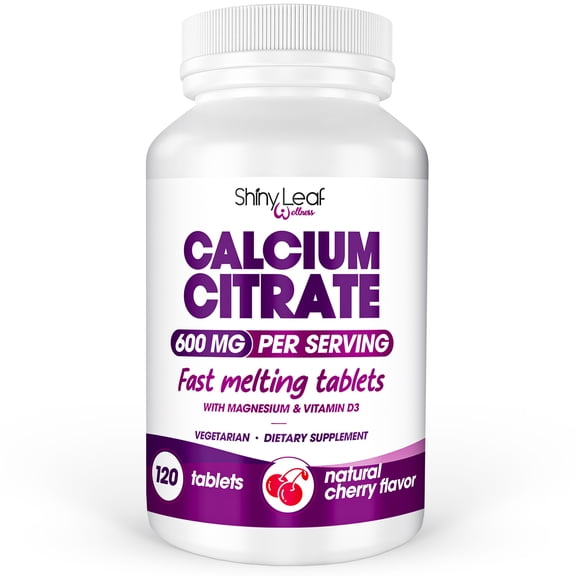 Shiny Leaf Calcium Citrate 600mg with Vitamin D3 & Magnesium - Fast Melting Bariatric Calcium for Post Surgery - Smooth Dissolving, Non-Chalky Alternative to Chewable Chews - Cherry, 120 Ct