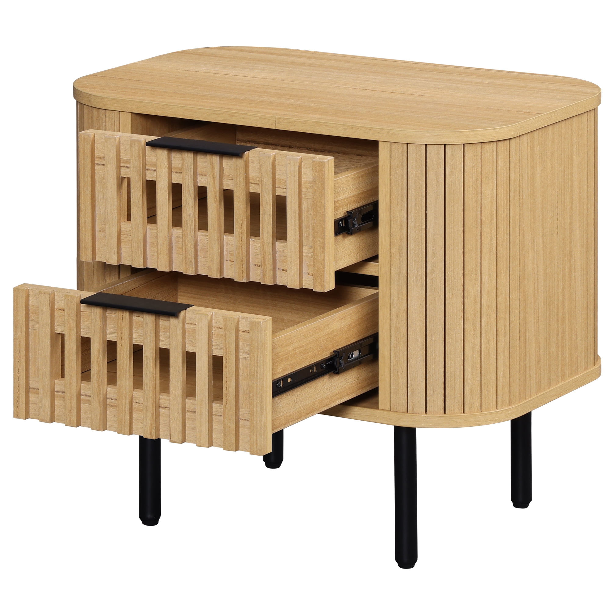 WAMPAT Fluted End Table with 2 Drawers, Modern Storage Nightstand for Living Room & Bedroom, Wooden Side Table, Oak