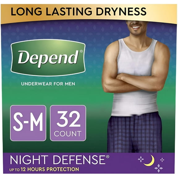 Depend Night Defense Incontinence Underwear for Men, Overnight, Disposable, Small/Medium, 32 Count (2 Packs of 16) (Packaging May Vary)