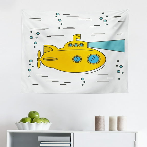 Yellow Submarine Tapestry, Aqua Pattern with Little Fish Fun Nautical Porthole Periscope Ocean Theme, Fabric Wall Hanging Decor for Bedroom Living Room Dorm, 2 Sizes, Aqua Yellow, by Ambesonne