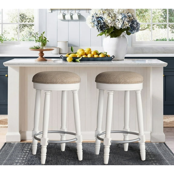 Dining Chairs AGODY Bar Stools Set of 2, 26" Counter Height, 360° Swivel Wooden Barstool with Fabric Upholstered Seat, WHITE Finish, Stylish Accent for Kitchen, Dining, and Living Room,Wooden Dining