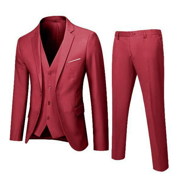 Hontri Men's Suits Men’S Suit Slim 3 Piece Suit Business Wedding Party Jacket Vest & Pants Coat Red Xl