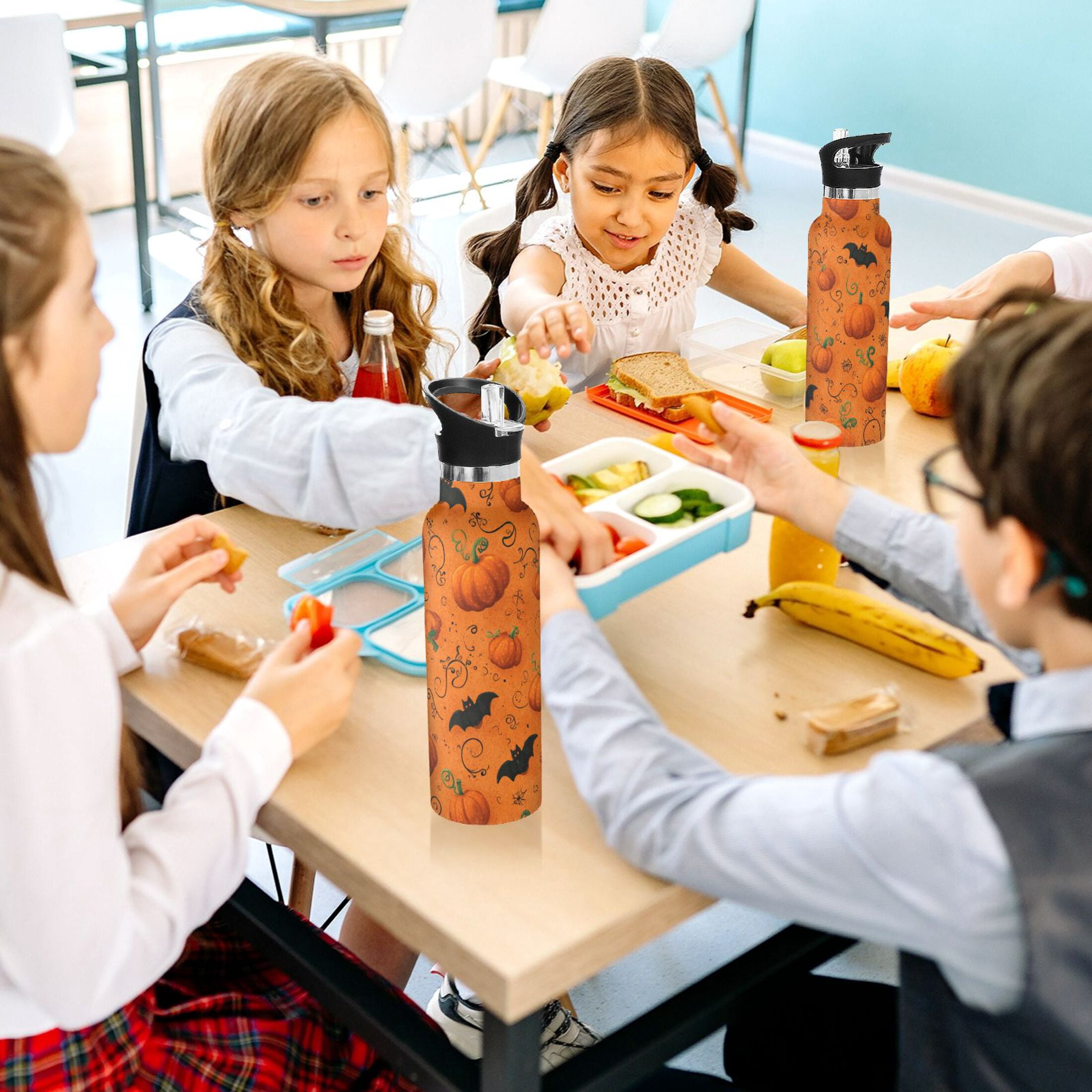 Kids Insulated Stainless Steel Sports Water Bottle 600ml (20oz) Orange Pumpkins and Bats