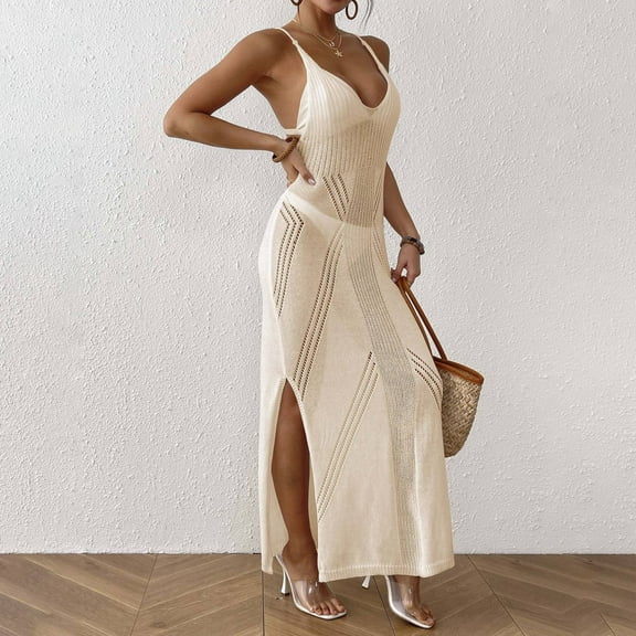 Conairie Swim Suit Coverup For Womens Sleeveless Loose Hollow Knit Bathing Suits Cover Ups Summer Bikini Vacation Long Dress Outfits Beige One Size