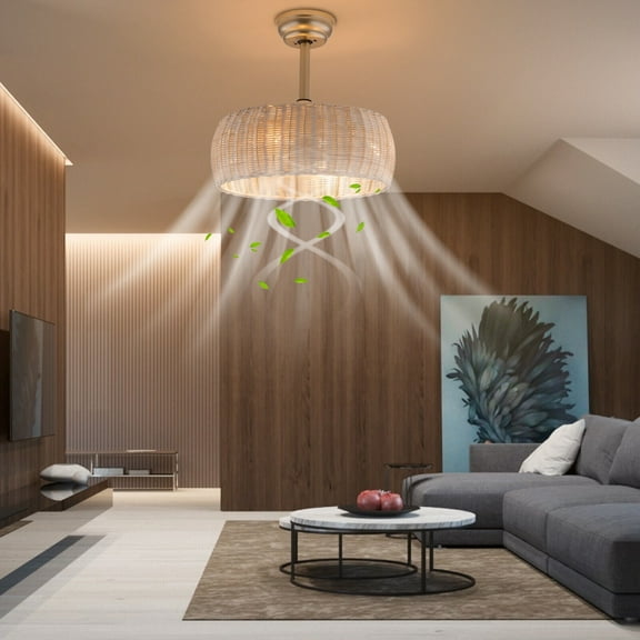 Bohemian Style Hand-Woven Rattan Cage Ceiling Fan with Remote Control, E26 Bulb Base, Modern Farmhouse Ceiling Light for Bedroom, Living Room & Kitchen, Natural & Gold