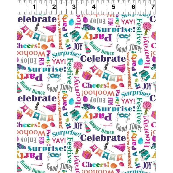 Cotton Celebrate! Words Script Party Parties Surprises Balloons Presents Hats Clothworks White Cotton Fabric Print by the Yard (Y4325-1WHITE)