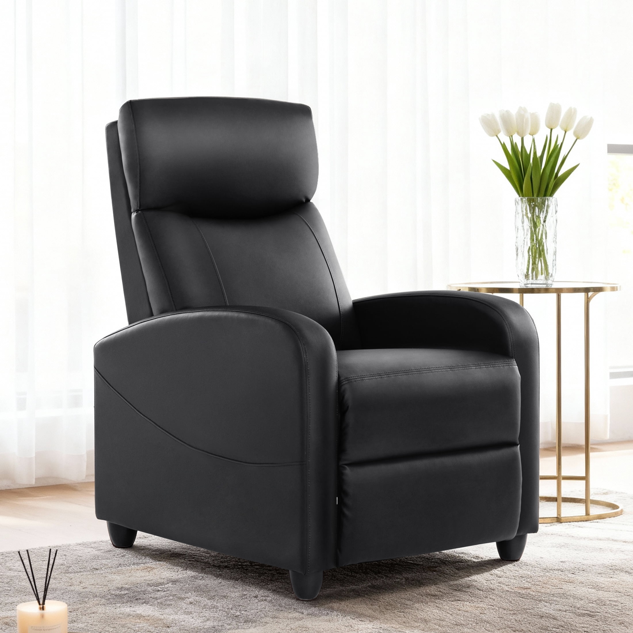 EDX PU Leather Recliner Chair, Small Recliner Sofa Chair with Padded Seat & Side Pocket, Modern Seating Furniture with Footrest & Backrest for Home, Theater, Living Room, Black