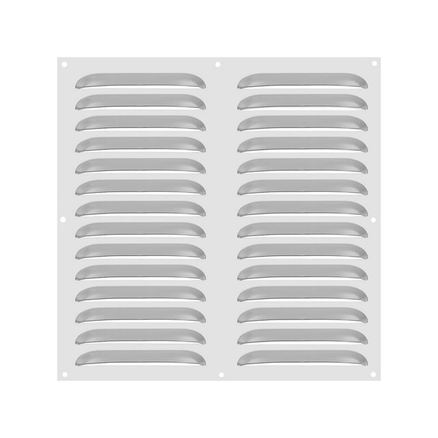 Uxcell 12 x 12 Inch Stainless Steel Vent Cover, Screen Air Grille HVAC Louvered Grill in silver tone. The vent cover features a 45-degree inclined louver design with a striped breathing hole pattern for effective ventilation and dust prevention. Made of durable 304 stainless steel, it measures 300 x 300mm (12 x 12 inches) with a height of 6mm (0.23 inches). Includes mounting holes with a diameter of 5mm (0.3 inches) and a screw hole distance of 140 x 138mm (5.5 x 5.4 inches). Suitable for walls, ceilings, doors, and various ventilation applications in homes or offices. Screws not included.