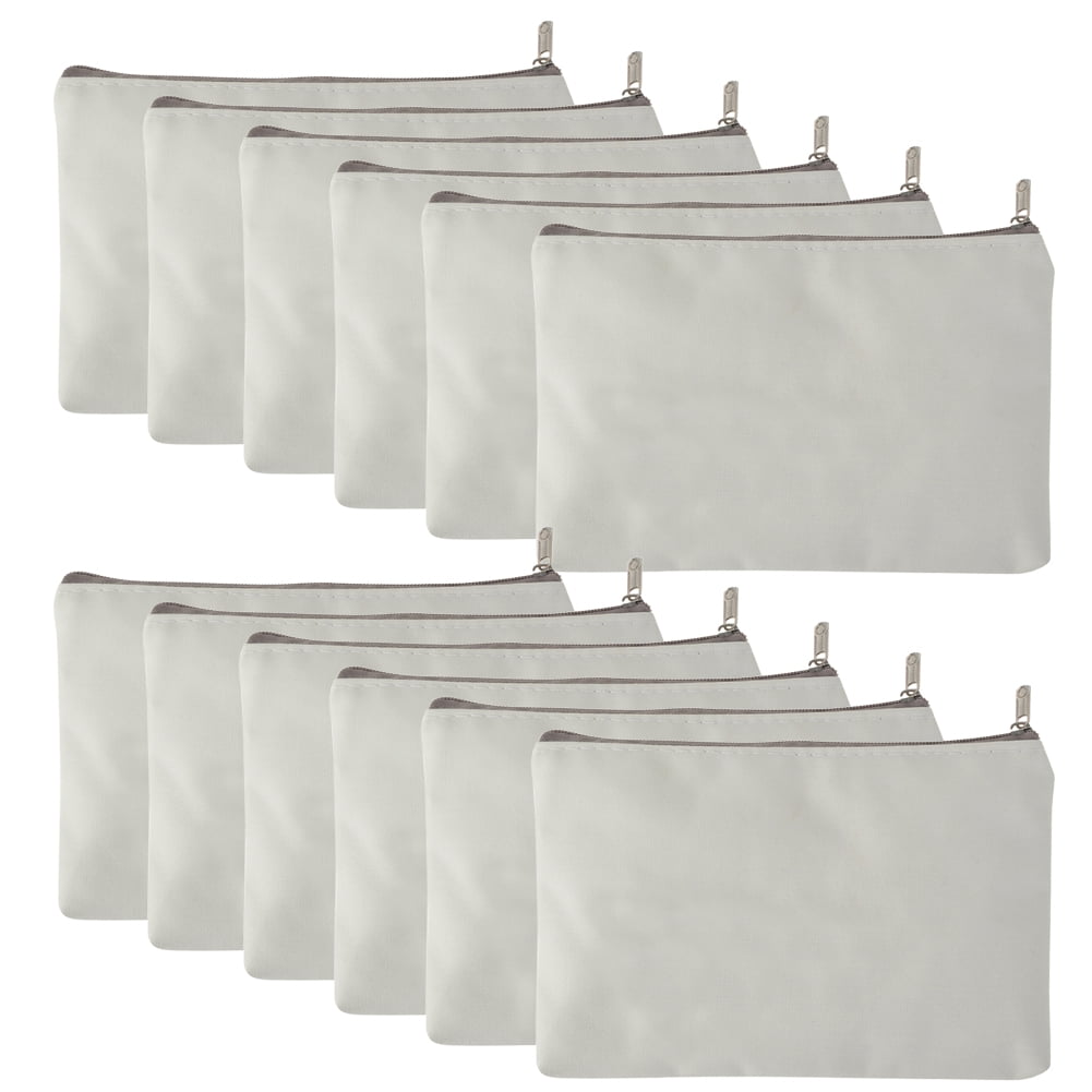 Aspire 12Pack White Canvas Pouches with Brown Zipper, Fabric Bag for