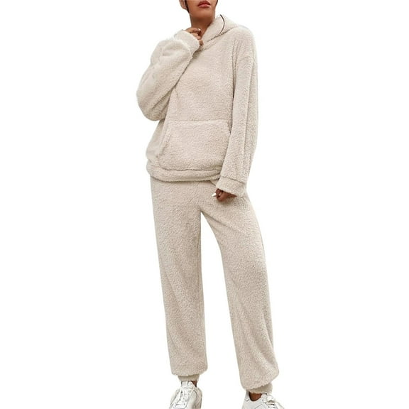 Gkeoshab Womens Sweaters Women's Fuzzy Fleece Hoodie Loungewear Pajamas Long Sets 2 Piece Fluffy Sweatsuit Set Casual Outfits Beige L