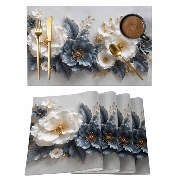 Blue White Floral Placemats Set of 12, Rustic Vintage Gold Flower Heavy Impasto Texture Non-Slip Place Mats Washable Table Mats for Kitchen Dining Table Decorations Indoor/Outdoor
