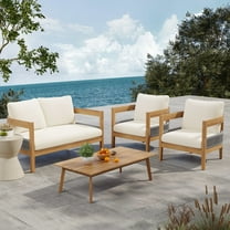 GDF Studio Nordic Style 3-Piece Acacia Wood Outdoor Chat Set with Coffee Tabel and Upholstered Armchairs, Teak  Beige