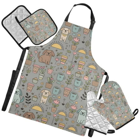 Ryvnso Cartoon Dogs Floral Kitchen Apron Oven Mitts Set Pot Holders