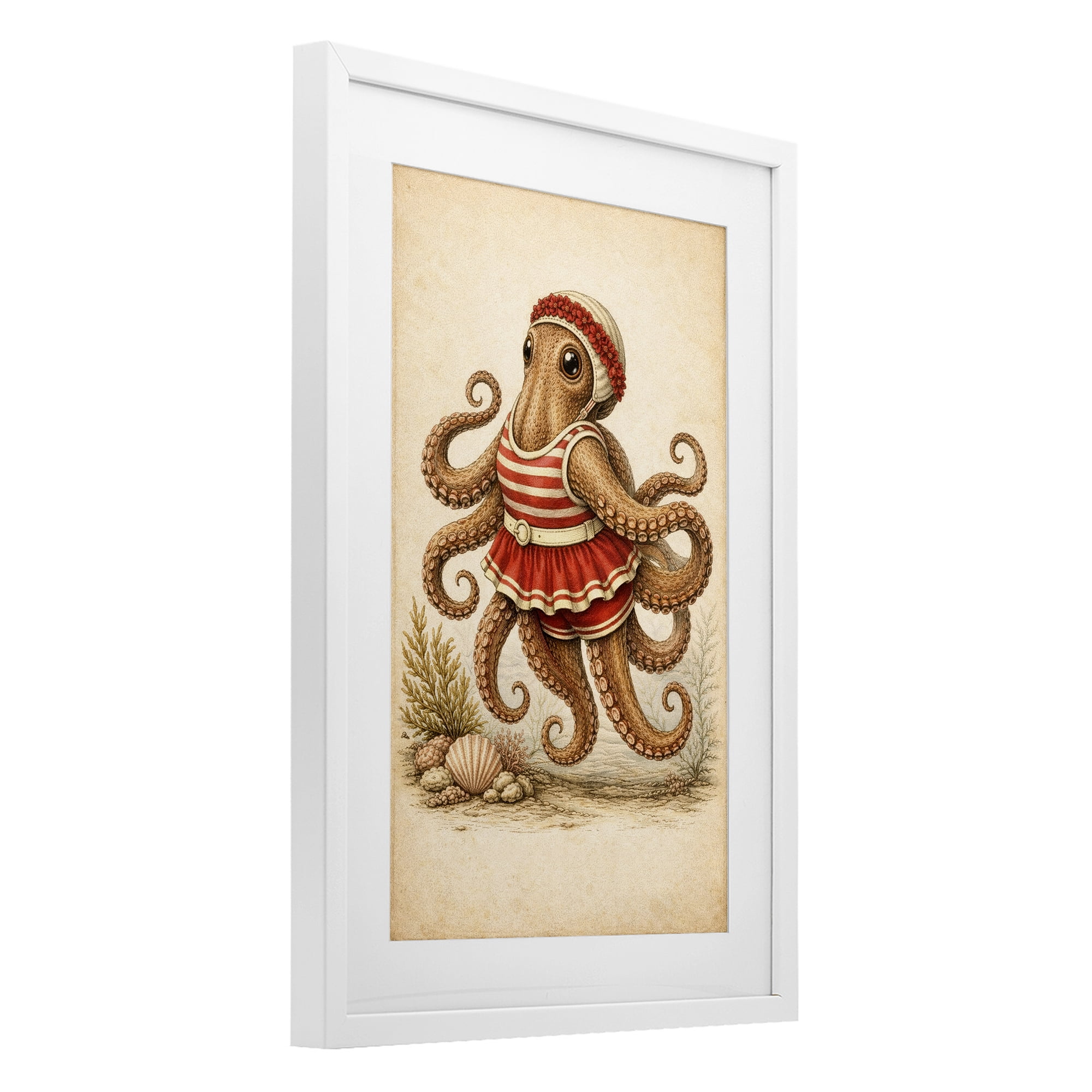 Stupell Industries Octopus of Maritime Bathing Society White Framed Print Under Glass, design by Grotto Studios