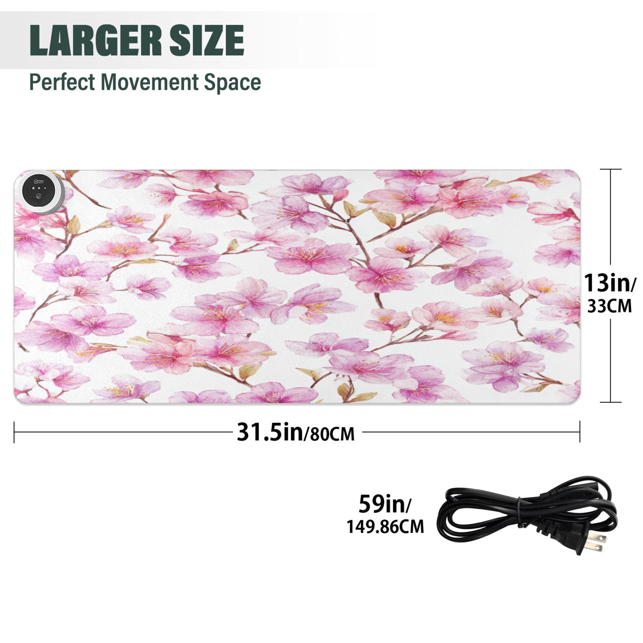 Large Heated Desk Mat Mouse Pad 31.5"x13"PU Leather Graphene Heating Desk Warmer with 3 Temperature Settings 110V US Plug Non-Slip Warm Pad for Home, Office, and Gaming Spring Cherry Blossom Glow