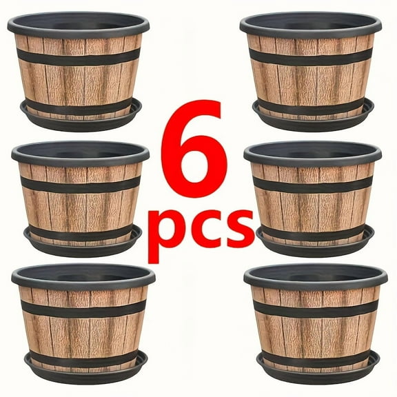 6pcs 8-inch Whiskey Barrel Flower Pots - Plastic with Drainage Holes Trays for Indoor Outdoor Garden