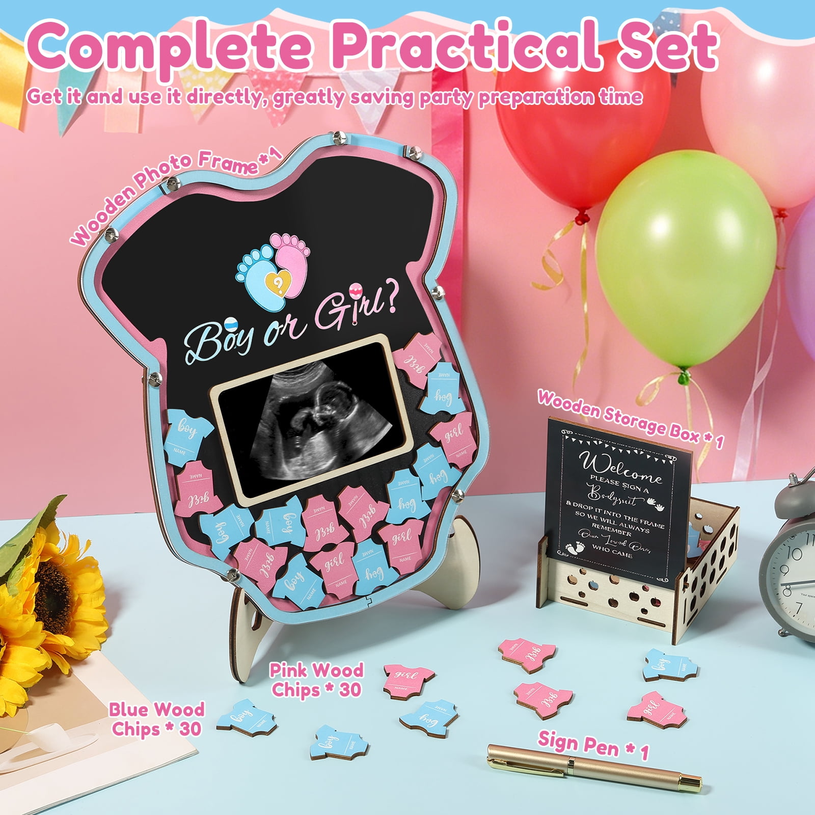 64 Pcs Gender Reveal Baby Shower Guest Book Alternatives Set Baby Shower Decorations with Photo Frame Sonogram Frame Keepsake 60 Wood Slices Guest Book for Expecting Parents and Celebrations