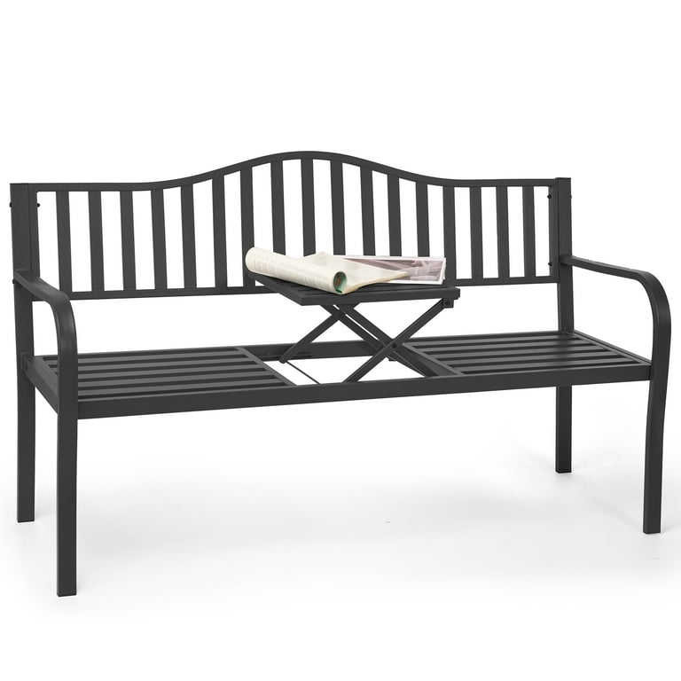 Naipo 59-Inch Metal Garden Bench with Built-In Table, Gray photo 7