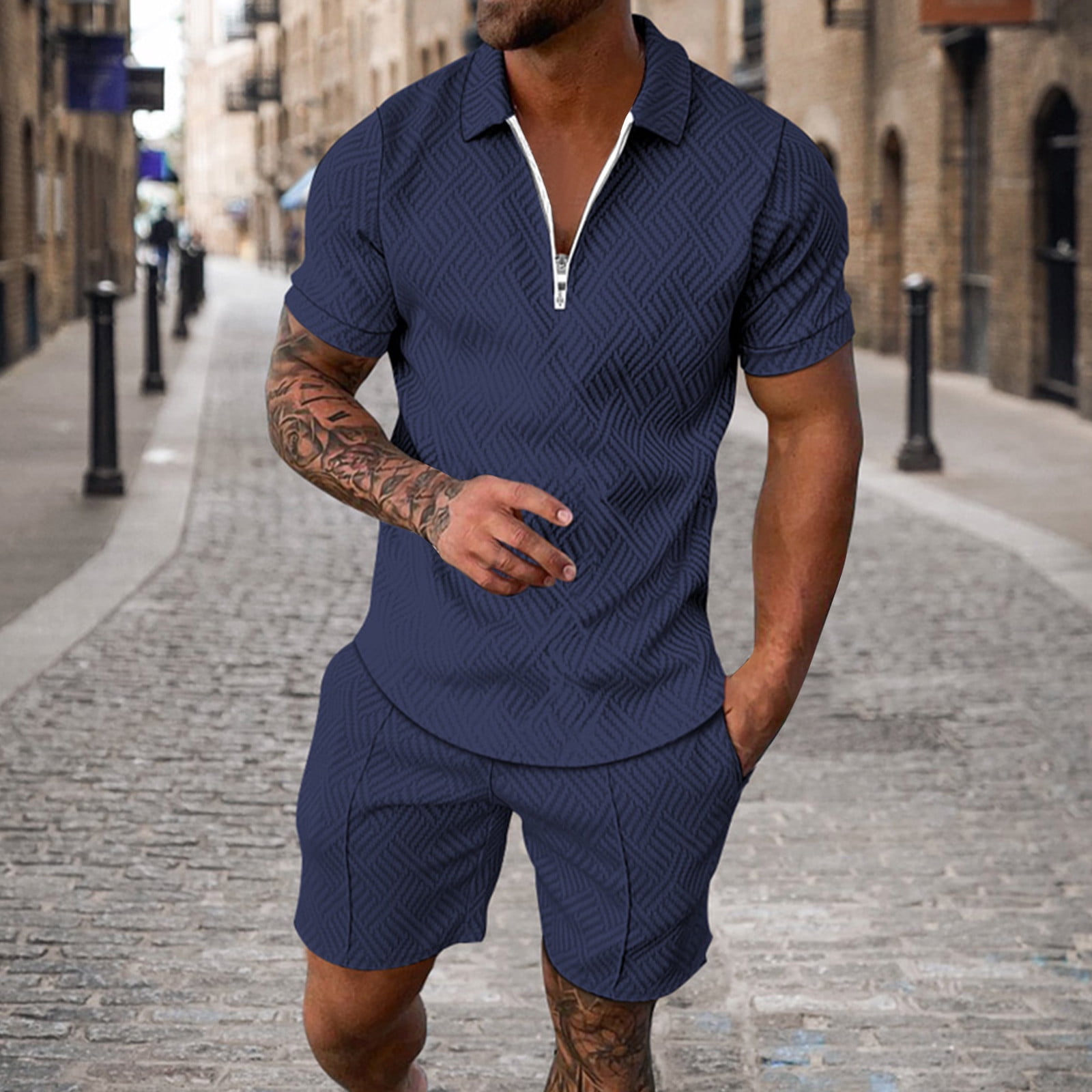 Men's Polo Shirt and Shorts Set Summer Outfits Solid Fashion