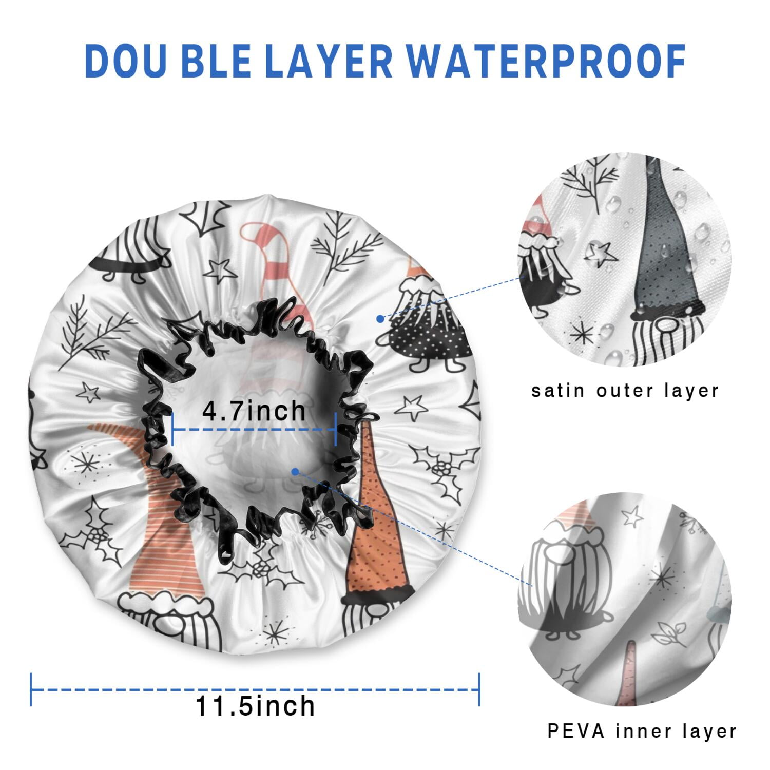 Shower Caps,White Christmas Gnome and Snowflake Pattern Waterproof Shower Cap for Women 4 Pieces,Double Reusable Hair Cover for Shower PEVA Elastic Stretch Hem
