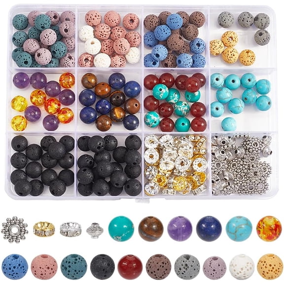 1 Box 270Pcs Gemstone Beads Kit 7 Beads Essential Oils Lava Beads Lazuli Tiger Eye Amethyst Lava Rock Bead Round Stone Beads for Jewelry Making DIY Earrings Bracelet Necklace