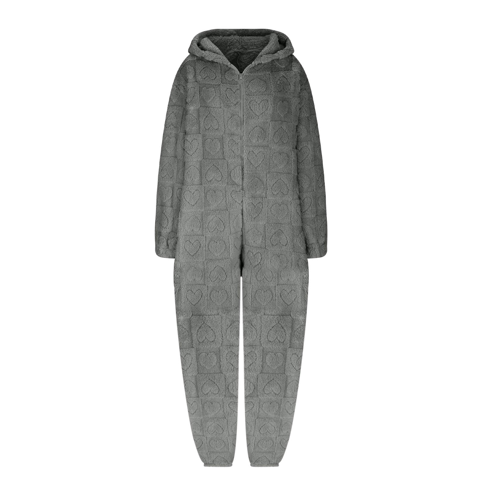 BiZtdJrK Women's Furry Sherpa Onesie Pajamas Fashion Heart Jacquard Jumpsuits Cute Ear Hood Romper Lounge Sleepwear, Dark Gray, S
