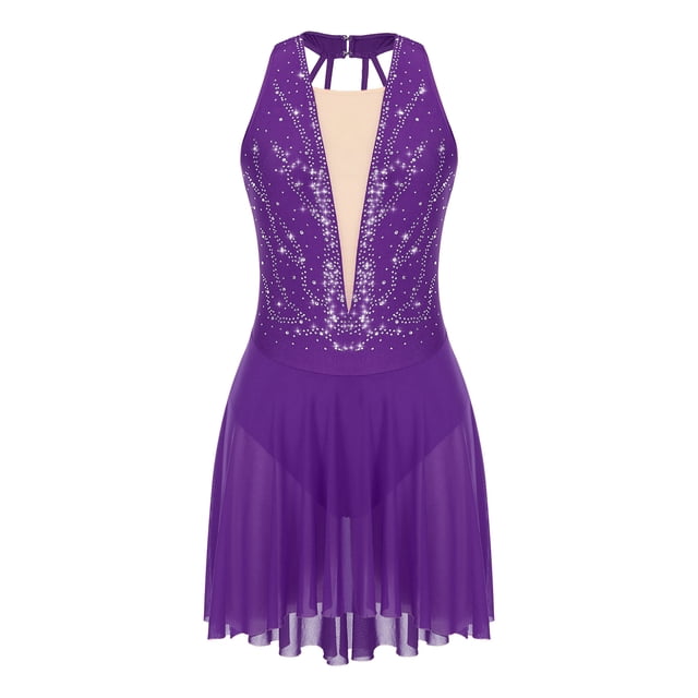 CHICTRY Women Lyrical Dance Costume Dress Color Block Sleeveless Asymmetrical Contemporary Ballet Modern Dance Costumes R0884 Purple L
