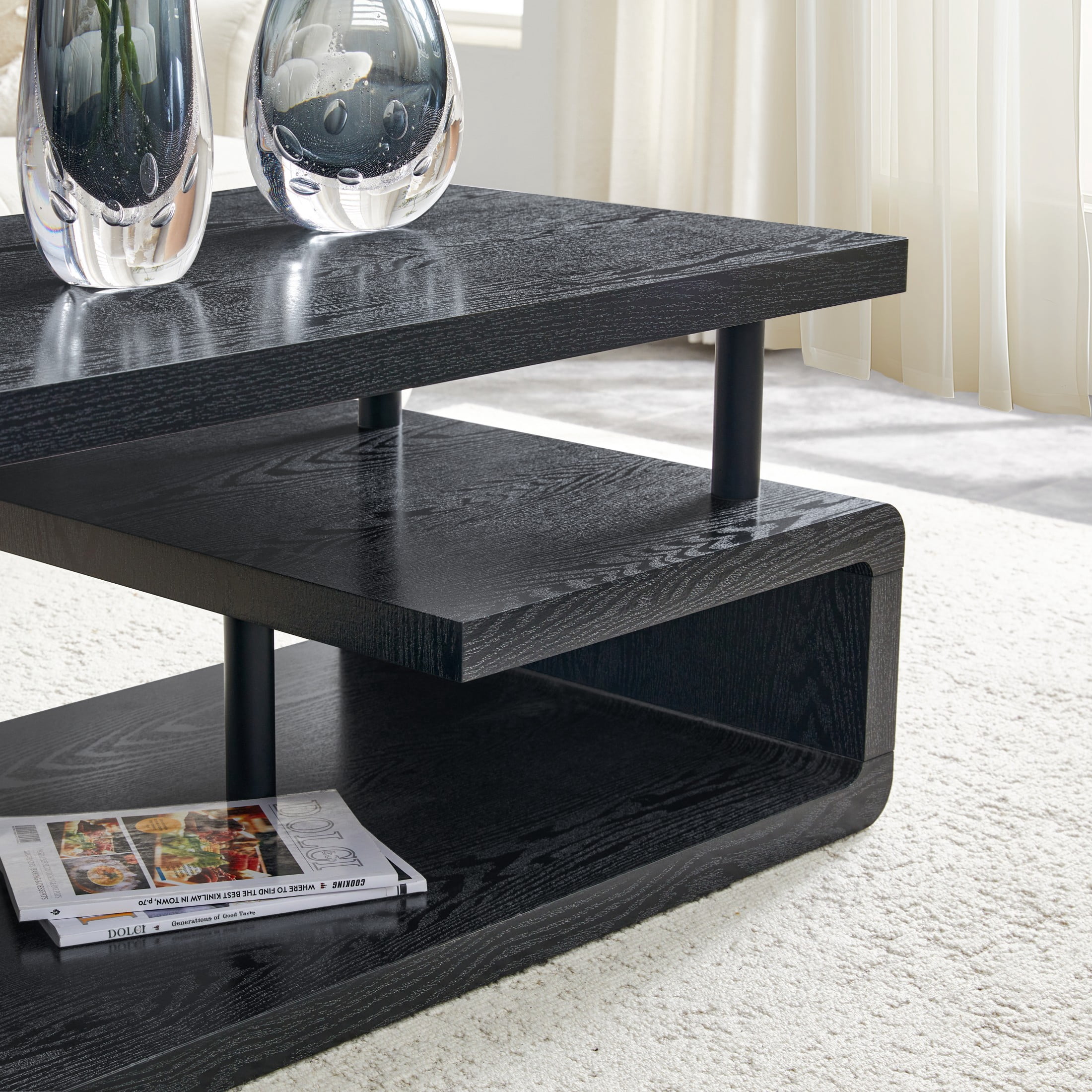 Alvantor 3-Tier Black Coffee Table with Modern Storage for Living Room 43.5 x 23.5 x 18.5in