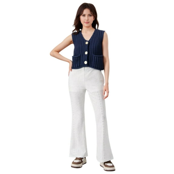 Women’s Chunky Crochet Knit Vest – Cropped Sleeveless Sweater Cardigan with Gold Button Front Pocket Stylish Layering Top