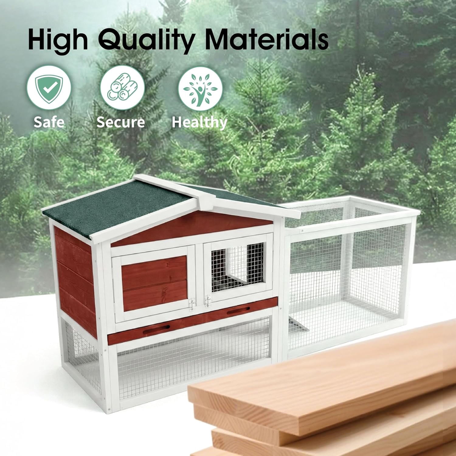 Gaderth Rabbit Hutch, 60in 2-Story Wooden Stable Bunny Cage Indoor/Outdoor with Removable Wire Netting and Weatherproof Leak Proof Tray Anti-Chew Metal Frame Ramp for Small Animals