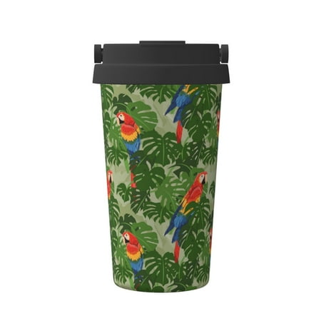 

Pofeuu Parrots And Tropical Leaves Print Coffee Mug Iced Coffee Tumbler Cup Double Wall Vacuum Leak-Proof Thermos Mug CoffeeThermos Travel Mug