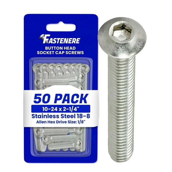 Fastenere Button Head Socket Cap Screws -10-24 x 2-1/4" (50 Pack) Stainless Steel 18-8, Full Thread, Bright Plain Finish, Corrosion-Resistant, Machine Thread, Easy to Install w/ Allen Socket Drive