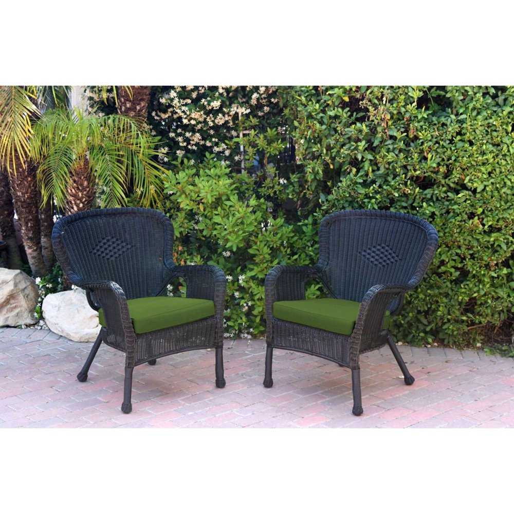 Set of 2 Outdoor Black Resin Wicker Chair Hunter Green Cushion