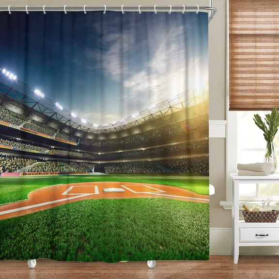 Sports Field Shower Curtain, Professional Baseball Grand Arena in The Sunlight, Fabric Baseball Bathroom Decor, Bath Curtains Accessories 12PCS Hooks, 69X70 Inches