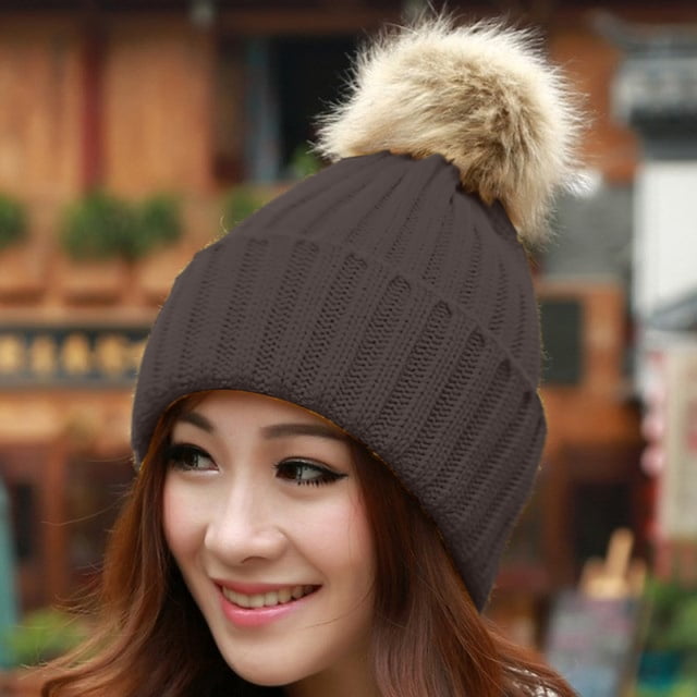 Women Winter Warm Knitted Cute Rabbit F-ur Ball Yarn Hat
