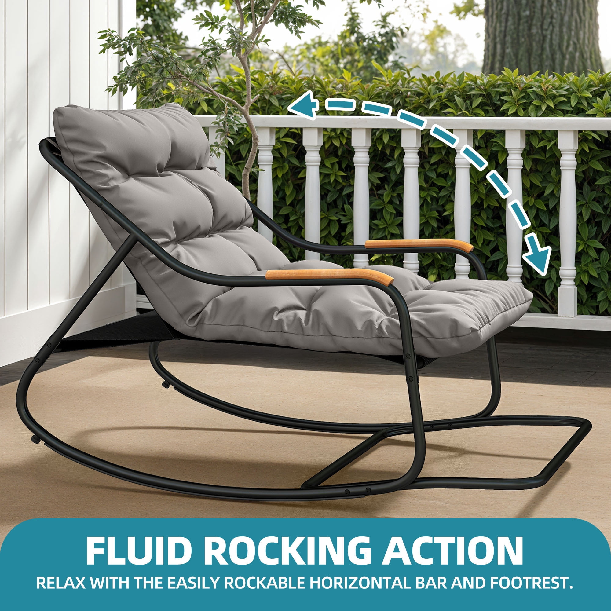 Uforic Oversized Outdoor Rocking Chair, All-Weather Patio Lounge Rocker with Removable Cushion, Suitable for Porch, Lawn, Garden and Backyard, Black
