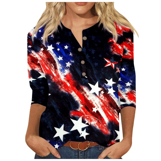 YDLCAFD Easter Women Casual V Neck Colorful Gradient Geometric Print Button Three Quarter Sleeve T Shirt