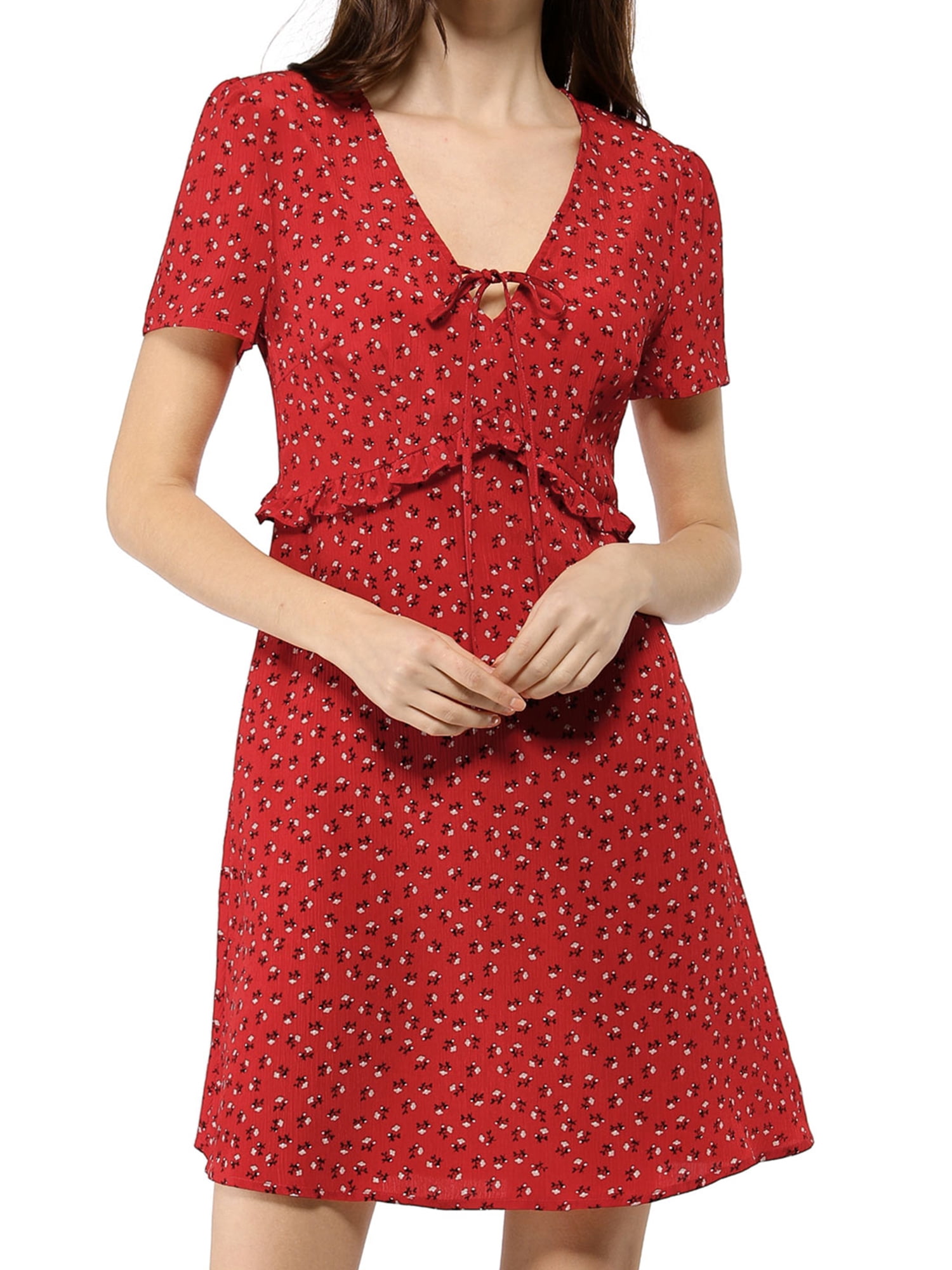 DARING DIVA Floral Bow Tie V Neck Short Sleeve Ruffle Dress M Red