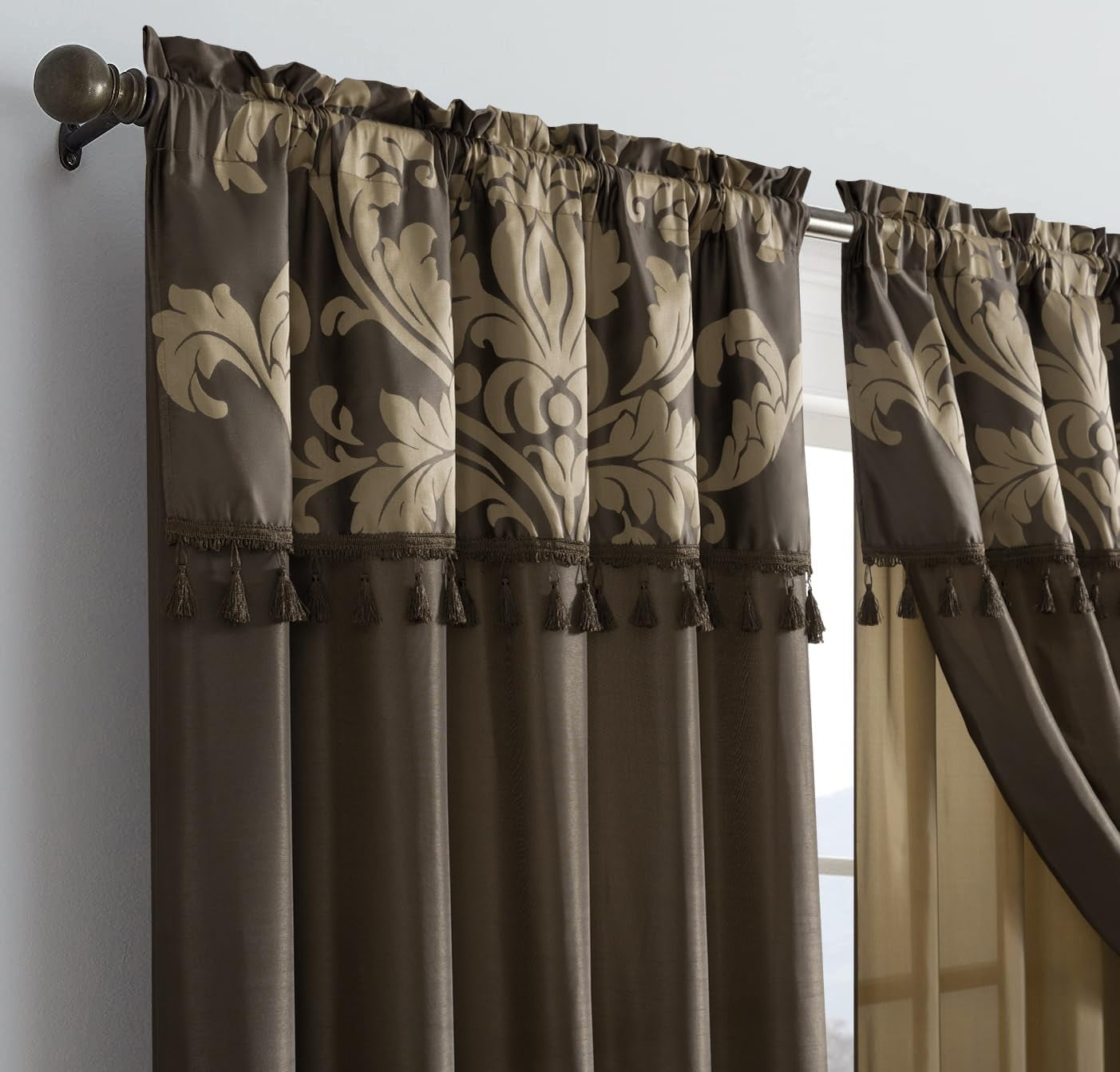 Chezmoi Collection Royal 4-Piece Jacquard Floral Window Curtain Set, Coffee/Gold