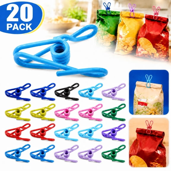 20 Pack Assorted Chip Bag Clips Utility, Chip Clips - PVC 2 Inch Coated Colorful Sealer for Sealing Food - Paper Holder, Clothesline Clip for Laundry Hanging, Kitchen Bags, Multipurpose Clothes Pins