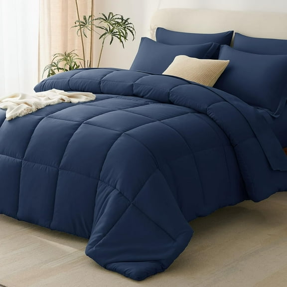 Full Size Comforter Sets Navy Blue - 7 Pieces Bed in a Bag Full, Oeko-Tex Certified Bed Set, All Season Soft Bedding Set with Down Alternative Comforter, Sheets, Pillowcases & Pillow Shams